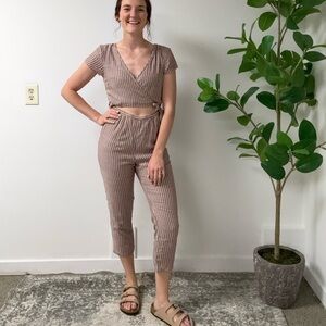 Abercrombie & Fitch Striped Tan Jumpsuit Small